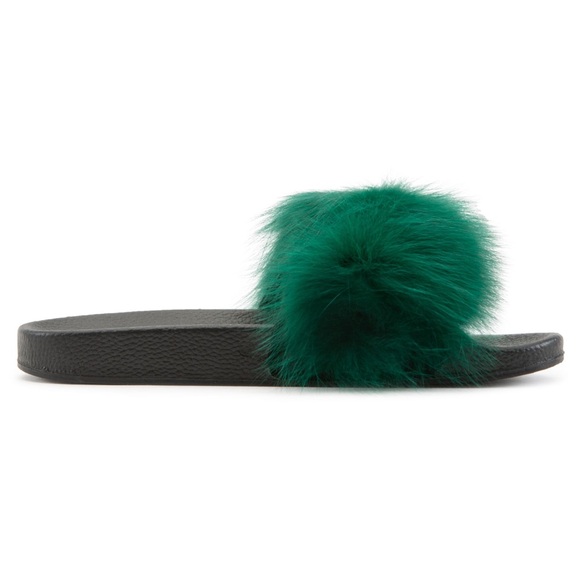 DAILY SLAY REAL FUR SLIDES GREEN - Picture 2 of 2